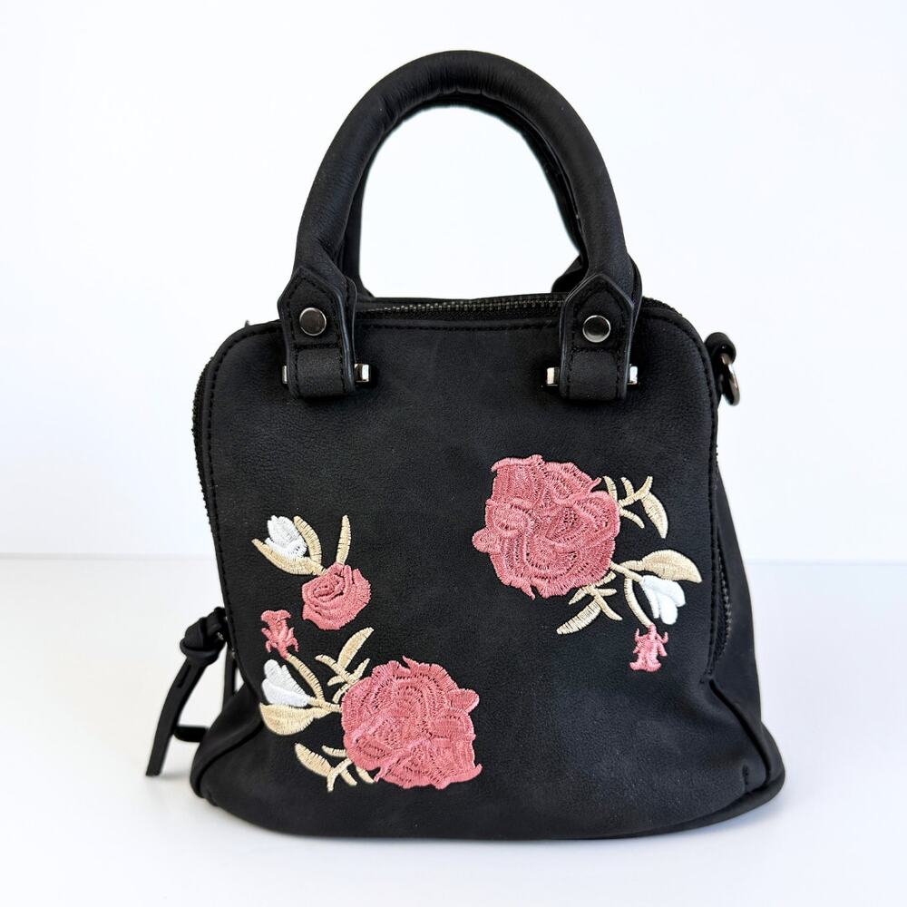 Black Faux Leather Mini Satchel w/ Pink Rose Floral Embroidery Crossbody Bag
